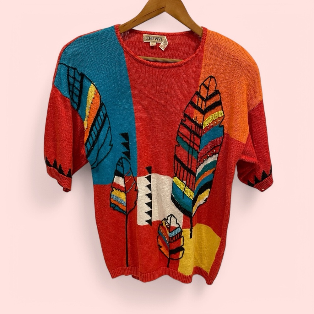 Cute Vintage 80s oversized color block beaded feather aztec short sleeve sweater